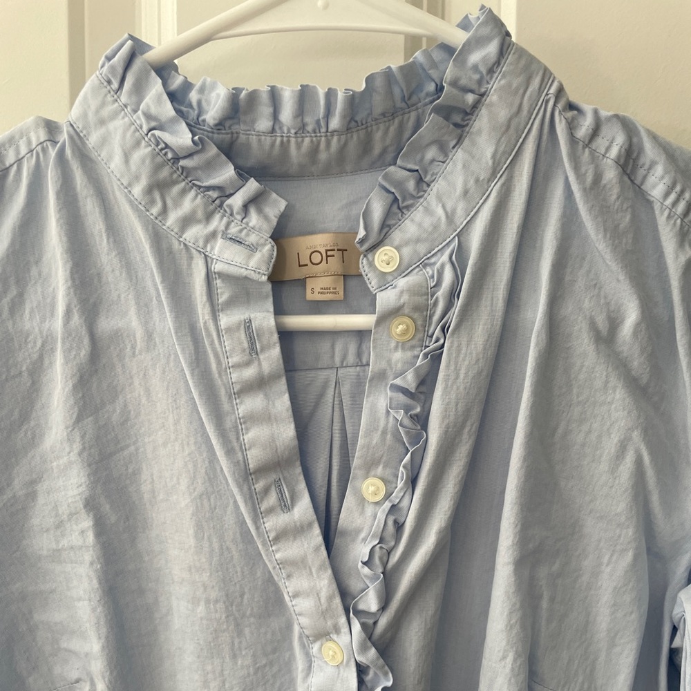 LOFT Light Blue Ruffle Neck Blouse - Picture 2 of 3
